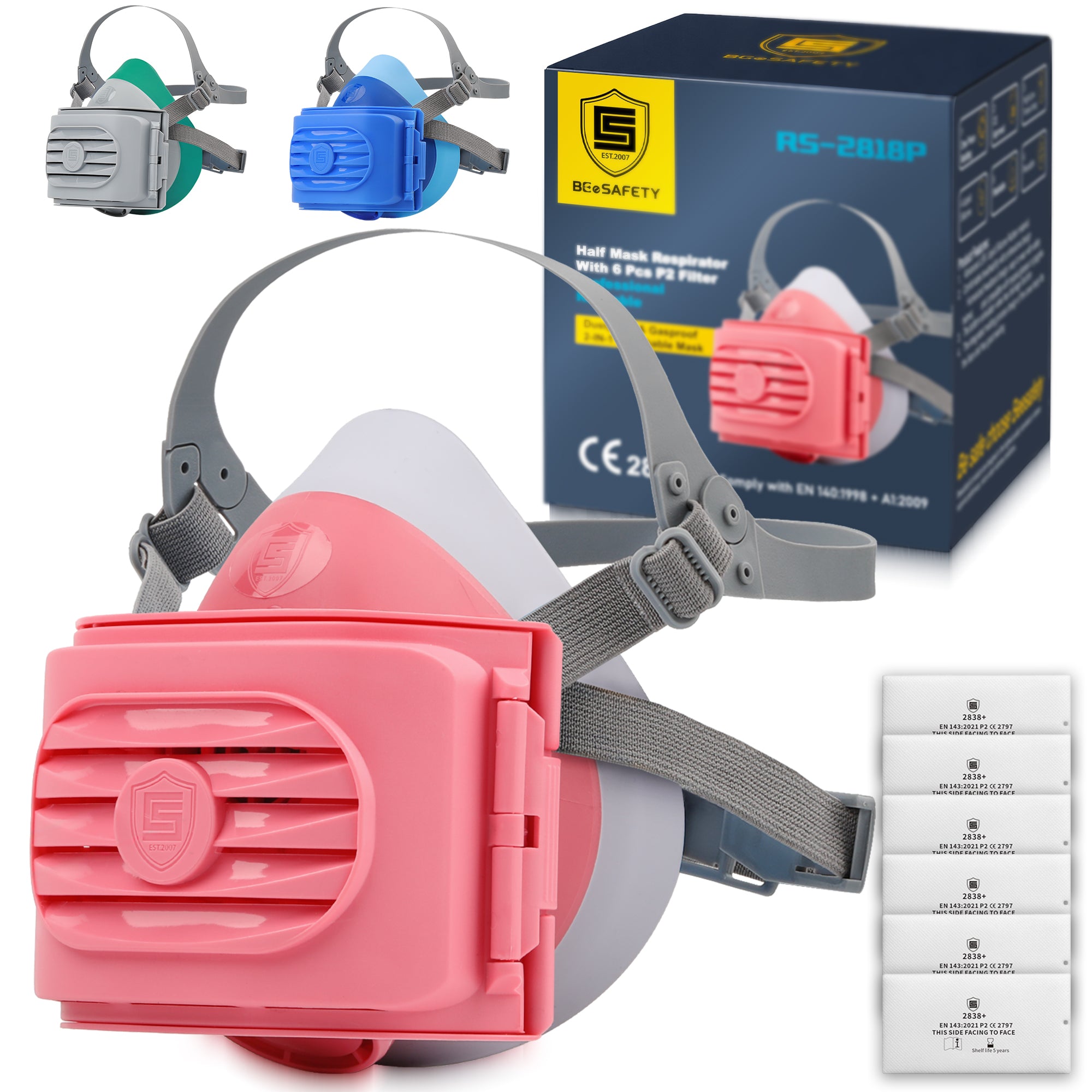 2818 Dust Mask,Half Face Reusable Respirator with 6 P2 Filters (Pink）