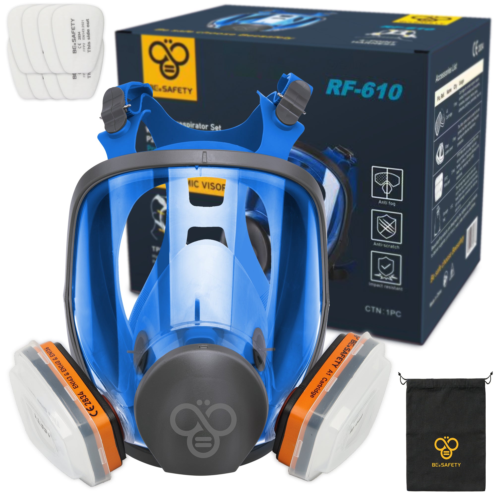 RF-610 Full Face Respirator Mask with 2 A1 Organic Vapor Filters & 8 P2 Dust Filters