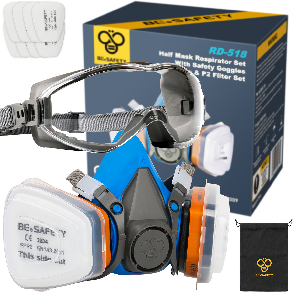 RD-518  Half Face Respirator Mask with Safety Goggles, 2 A1 Organic Vapor Filters & 8 P2 Dust Filters
