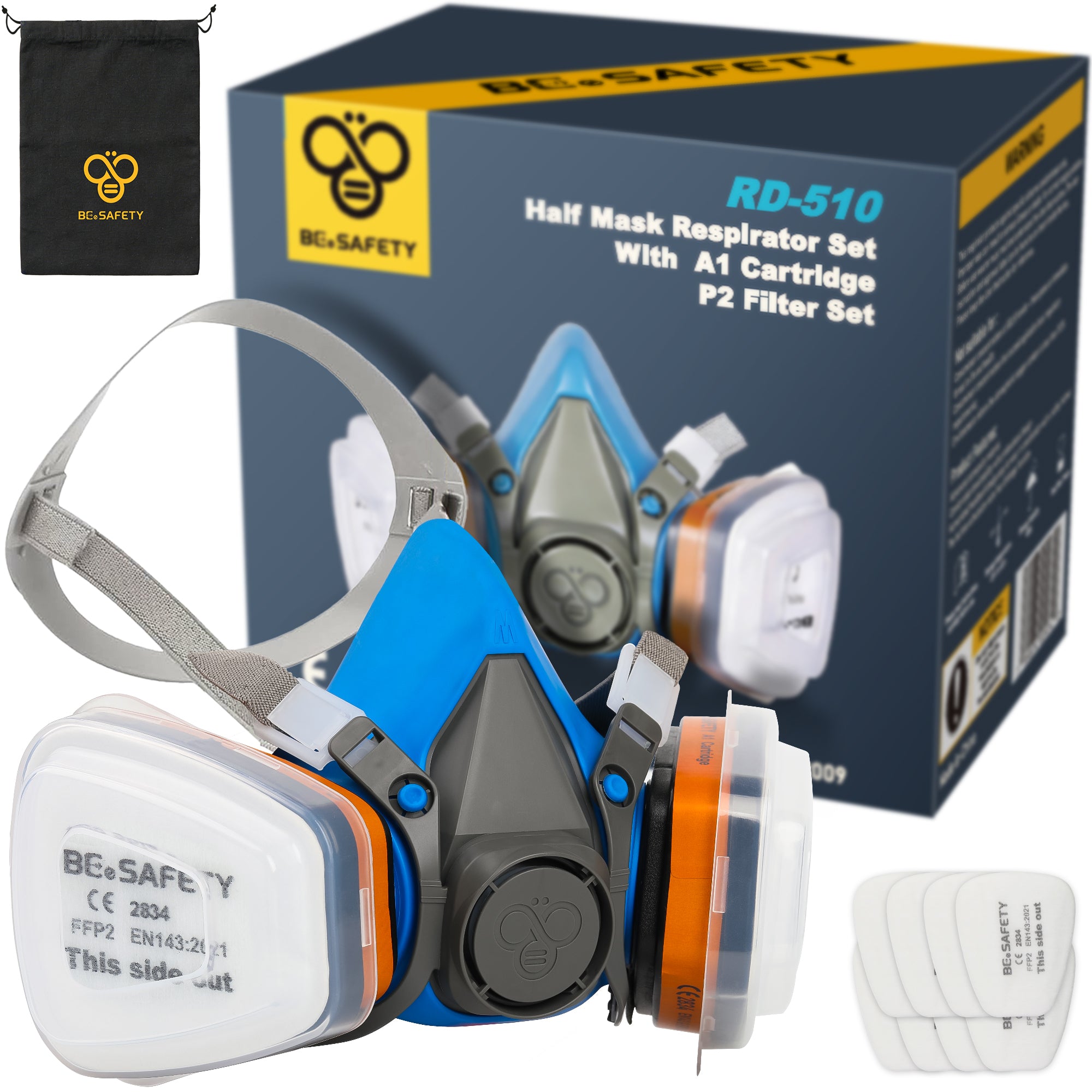 RD-510 Half Face Respirator Mask with 2 A1 Gas Filters & 8 P2 Dust Replacement Filters