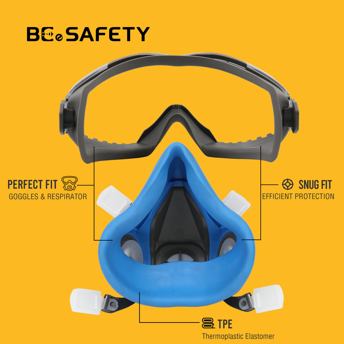 RD-518  Half Face Respirator Mask with Safety Goggles, 2 A1 Organic Vapor Filters & 8 P2 Dust Filters