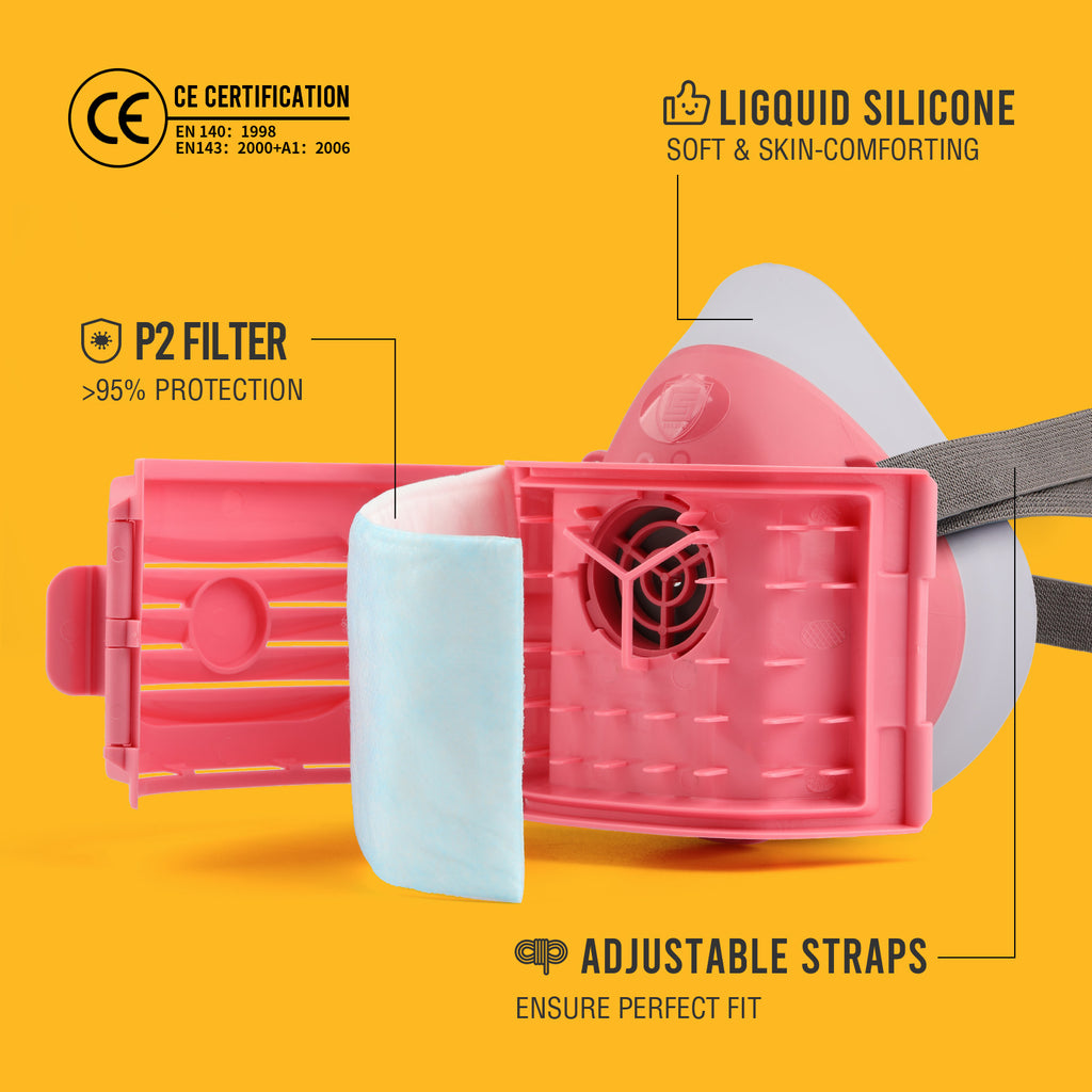 2818 Dust Mask,Half Face Reusable Respirator with 6 P2 Filters (Pink）