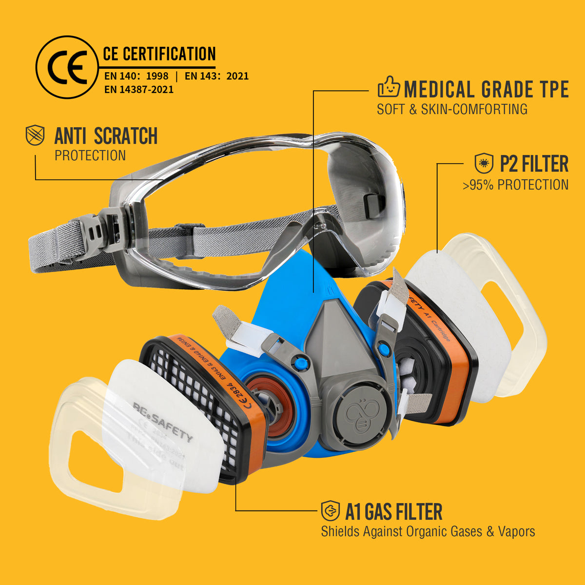RD-518  Half Face Respirator Mask with Safety Goggles, 2 A1 Organic Vapor Filters & 8 P2 Dust Filters