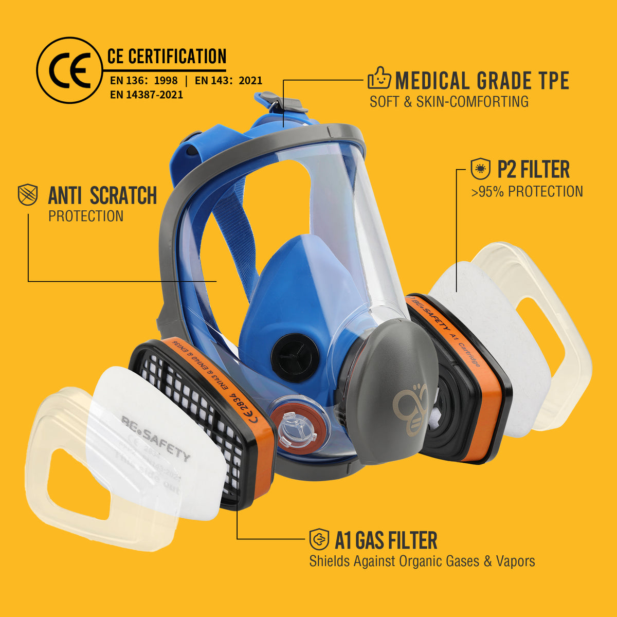 RF-610 Full Face Respirator Mask with 2 A1 Organic Vapor Filters & 8 P2 Dust Filters