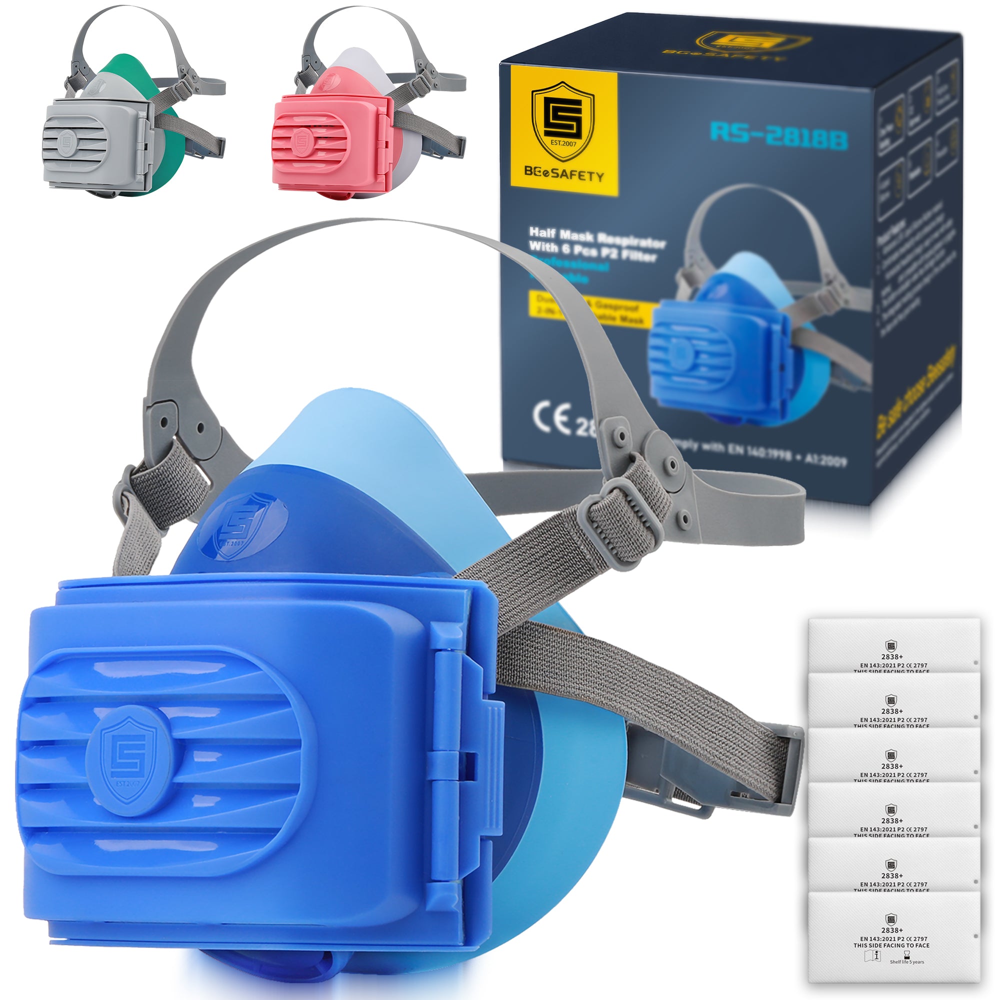 2818 Dust Mask,Half Face Reusable Respirator with 6 P2 Filters (Blue）